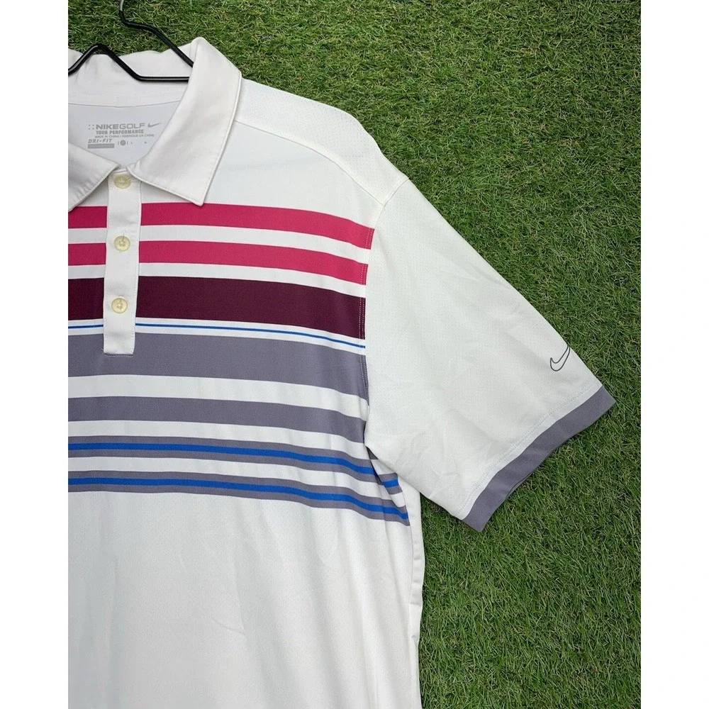 Tiger Woods Nike Polo Shirt Mens Large Striped Purple Golf Outdoor Beach Comfort